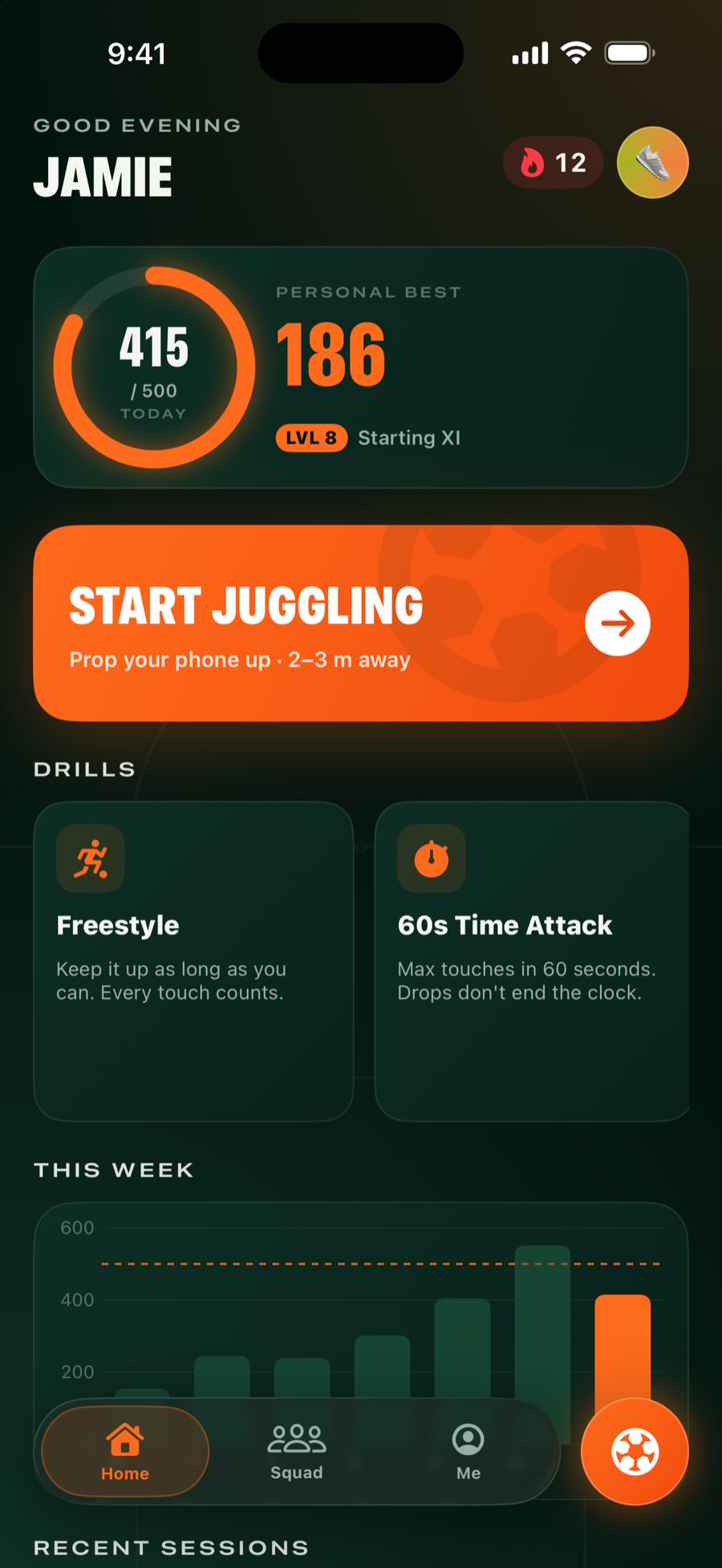 Home screen with the daily touch goal ring, a personal best of 186, a Start juggling button and drills.