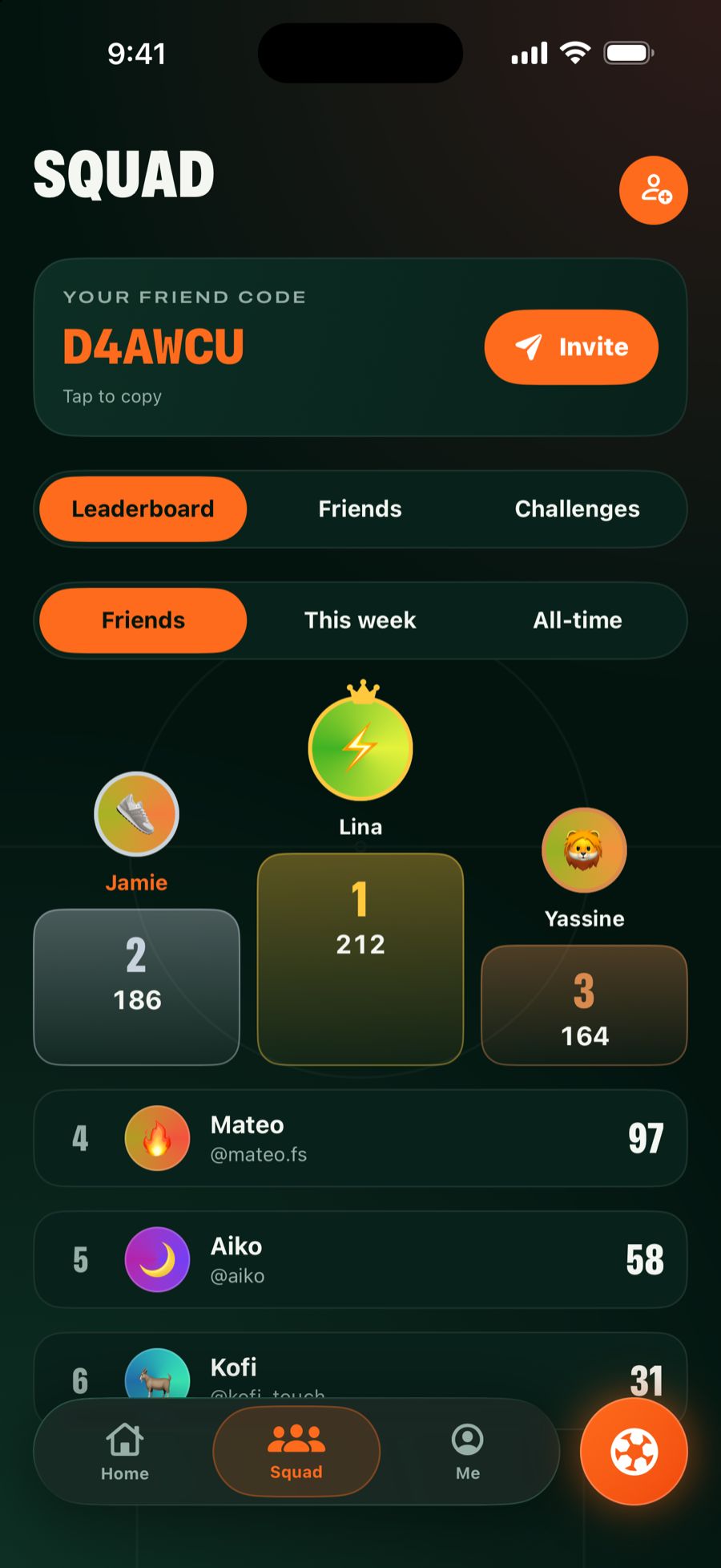 Squad screen with a friend code, an Invite button and a friends leaderboard podium.
